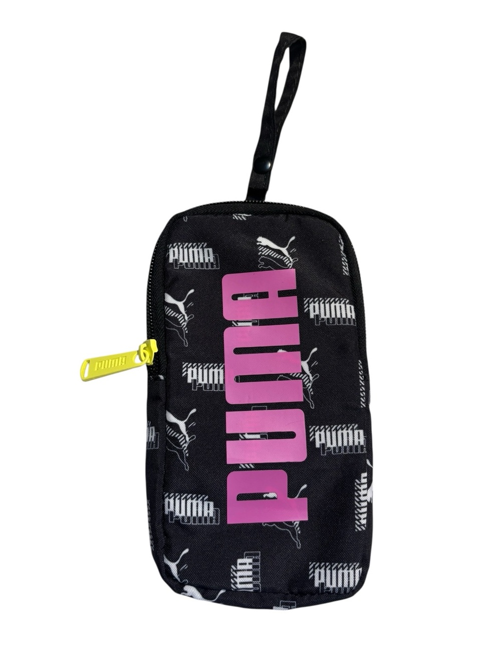 Puma Pouch Black with Pink Logo and Yellow Zipper Wrist Strap fits Larger Phones